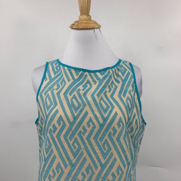 Chelsea & Violet Dress Womens Small Beige Blue Shift Textured Keyhole Ikat Lined - Picture 3 of 15